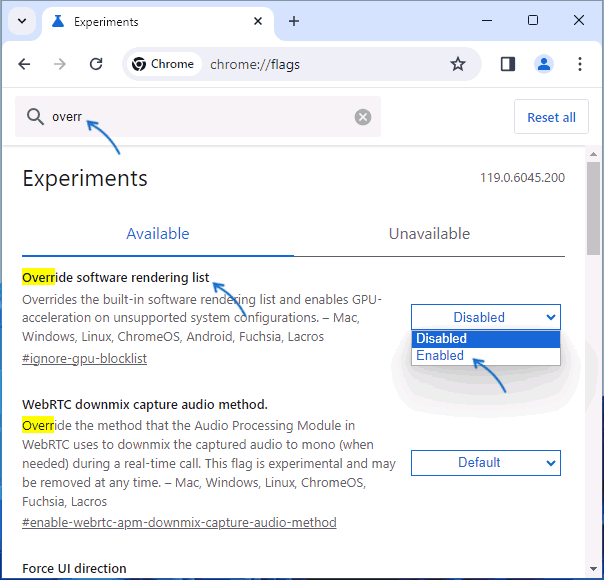 Включить опцию Override software rendering list