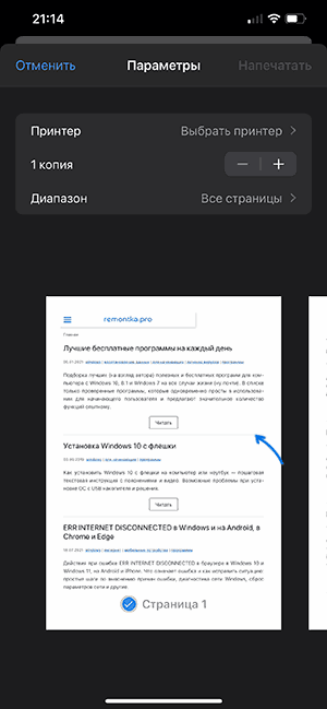 Диалог печати на iPhone