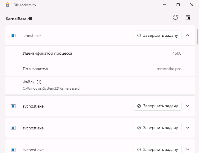 Информация о процессе в File Locksmith