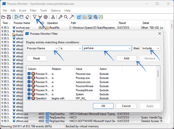 Фильтр по процессу в Process Monitor