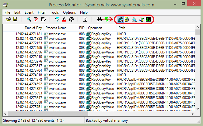 Отображение только событий реестра в Process Monitor
