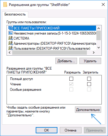 Параметры разрешений для параметра ShellFolder
