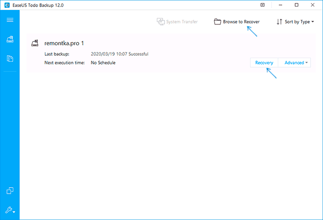 Восстановление из резервной копии в Easeus Todo Backup Free