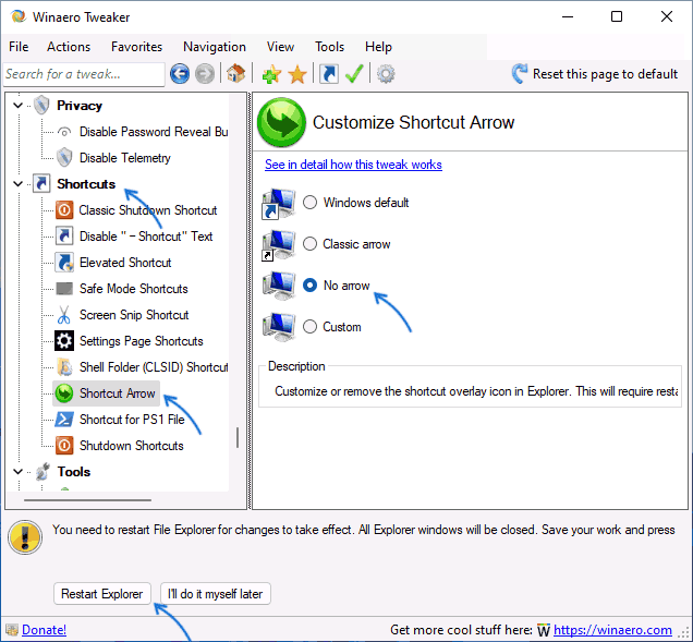 Убрать стрелки ярлыков Windows 11 в Winaero Tweaker