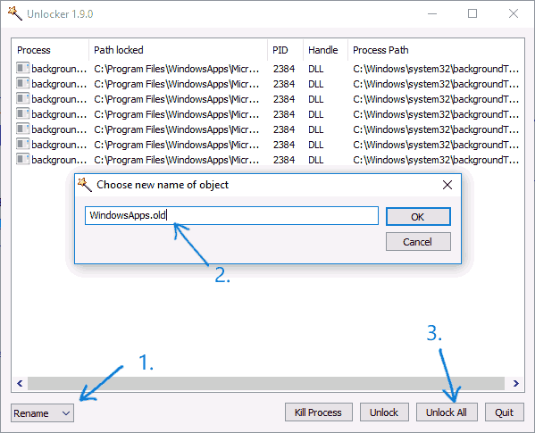 Переименование папки WindowsApps в Windows 10