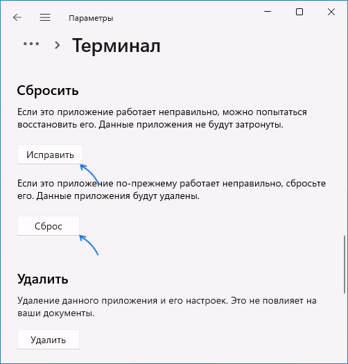Сброс терминала Windows 11