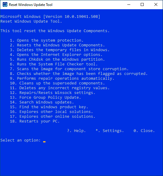 Доступные исправления в Reset Windows Update Tool