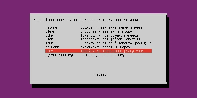 Псевдографічне меню recovery mode