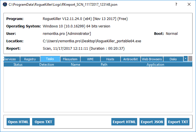 Отчет по обнаруженным угрозам в RogueKiller