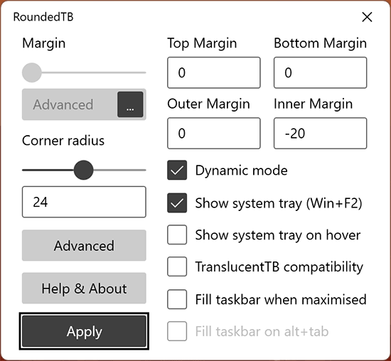 Дополнительные параметры отступов RoundedTB