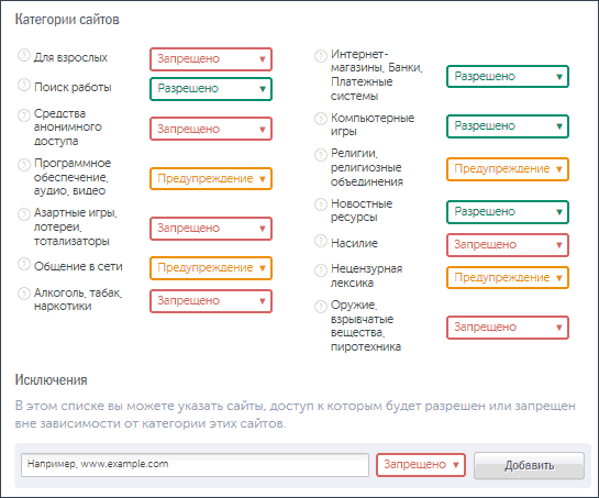 Ограничения сайтов в Kaspersky Safe Kids