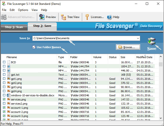 Сохранение восстановленных файлов в File Scavenger