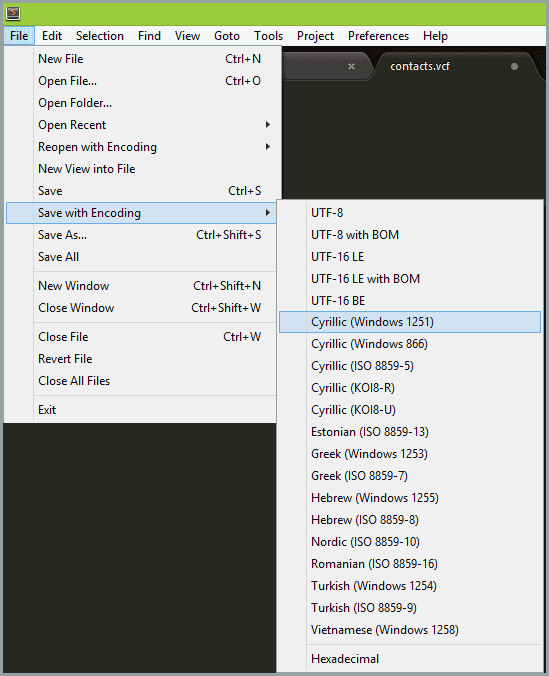 Сохранение контактов в кодировке Windows 1251