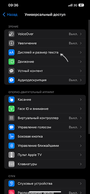 Параметры размера текста в Универсальном доступе