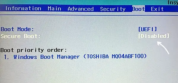 Пример отключения Secure Boot на Acer