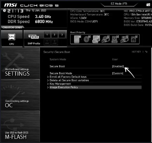 Отключение Secure Boot на MSI