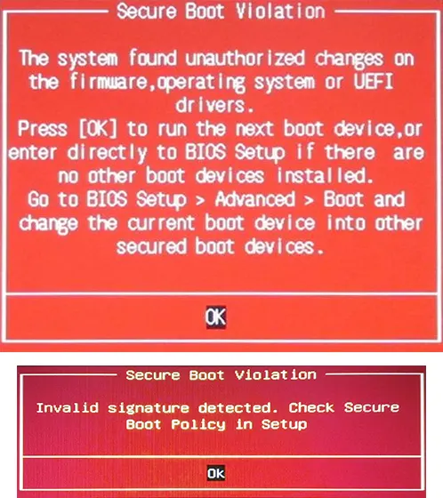 Сообщения об ошибке Secure Boot Violation при включении