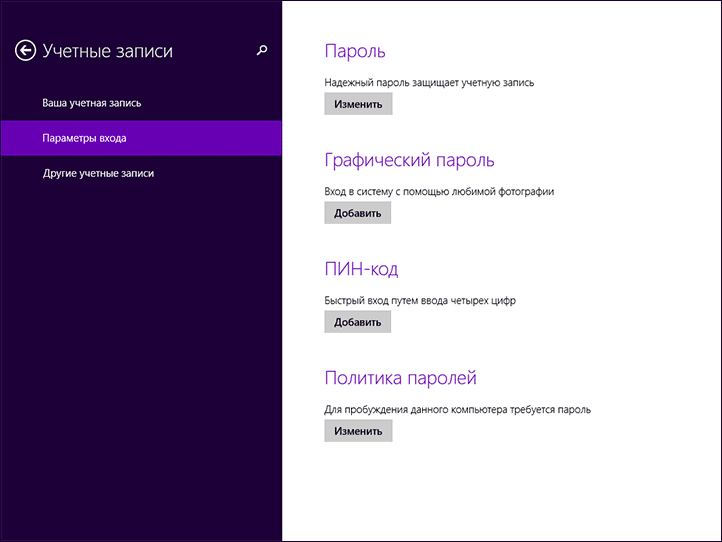 Установка пароля в Windows 8.1