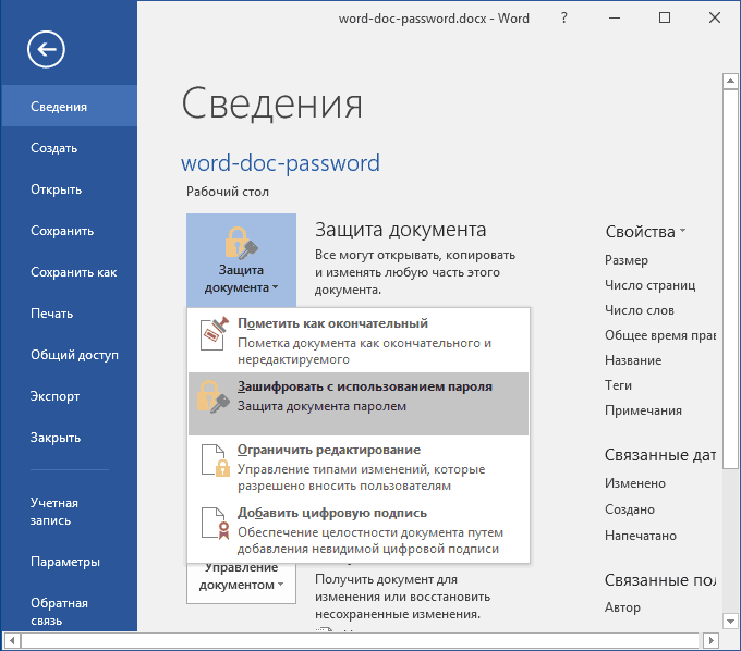 Установка пароля на документ Word 2016
