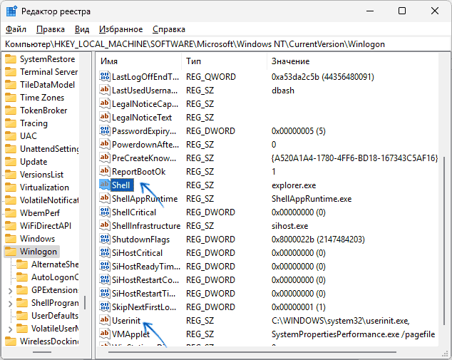 Параметры реестра Shell и userinit