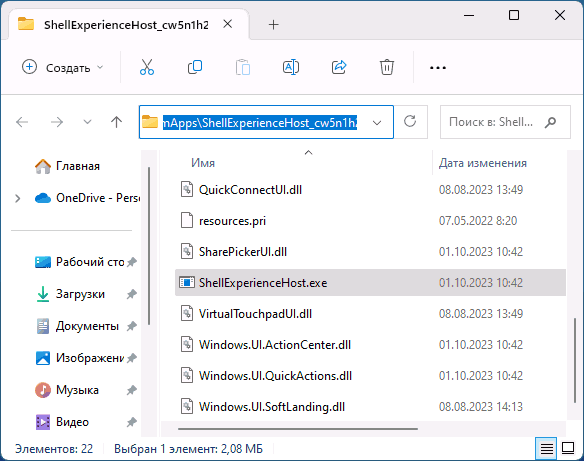 Папка с оригинальным ShellExperienceHost.exe