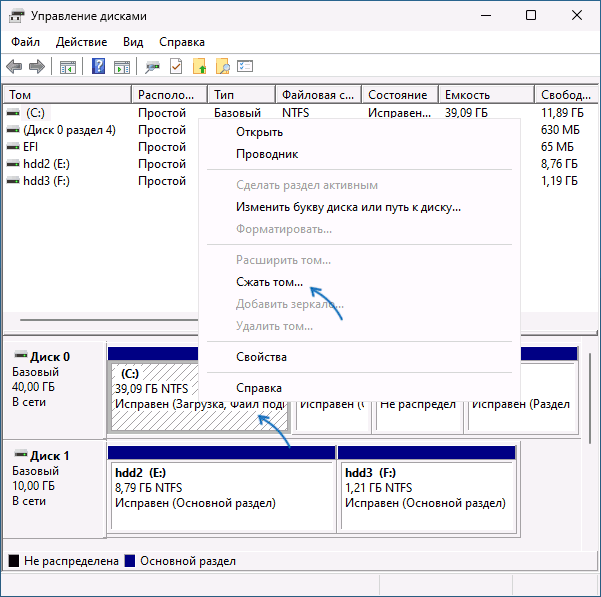 Сжать том в управлении дисками Windows