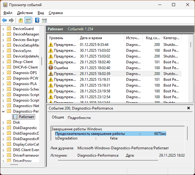 События Shutdown Performance Monitoring в Просмотре событий