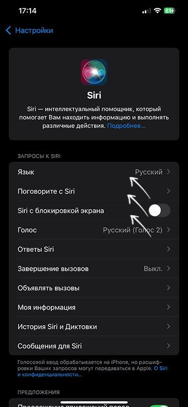 Параметры Siri в iOS