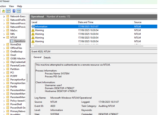 Событие использование NTLM в Event Viewer