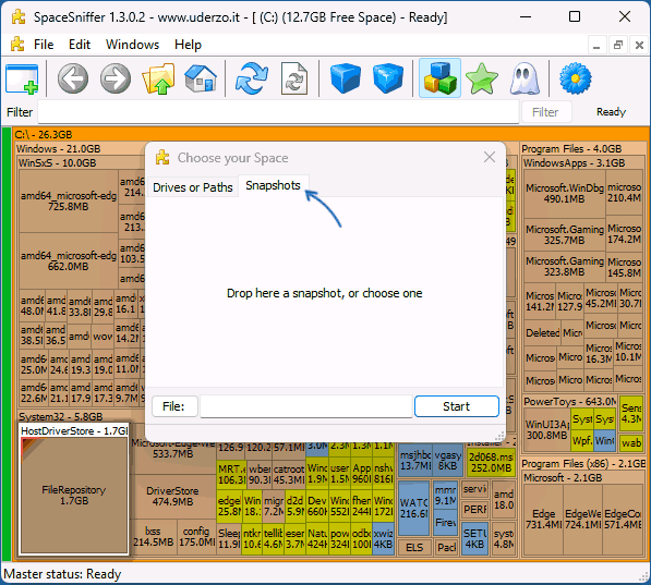 Загрузка сохраненных снимков в SpaceSniffer