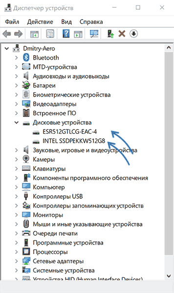 SSD диски в диспетчере устройств Windows 10