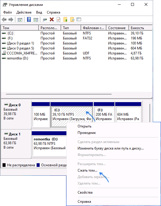 Сжать том в управлении дисками Windows 11