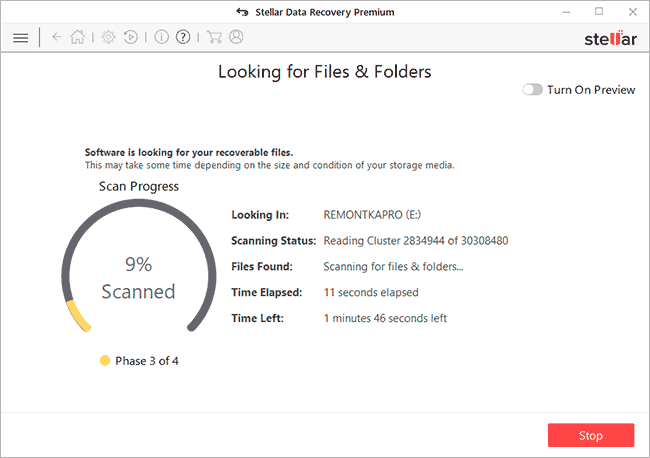 Процесс поиска файлов в Stellar Data Recovery