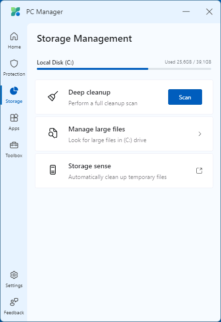 Очистка хранилища в Microsoft PC Manager