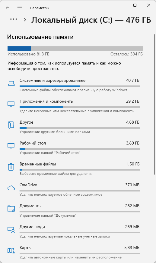 Информация об использовании хранилища Windows 11