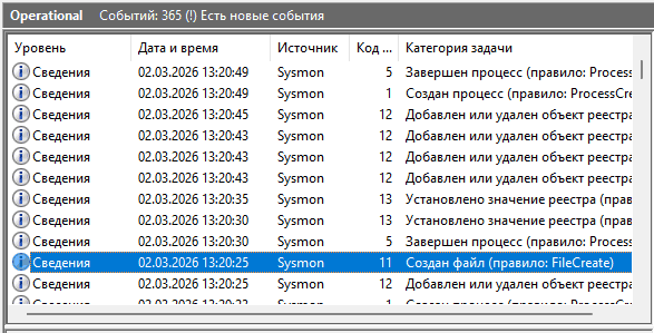 События Sysmon после использования файла конфигурации