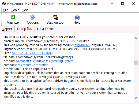 Информация об ошибке в программе WhoCrashed