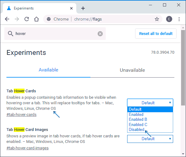 Карточки вкладок Chrome отключены