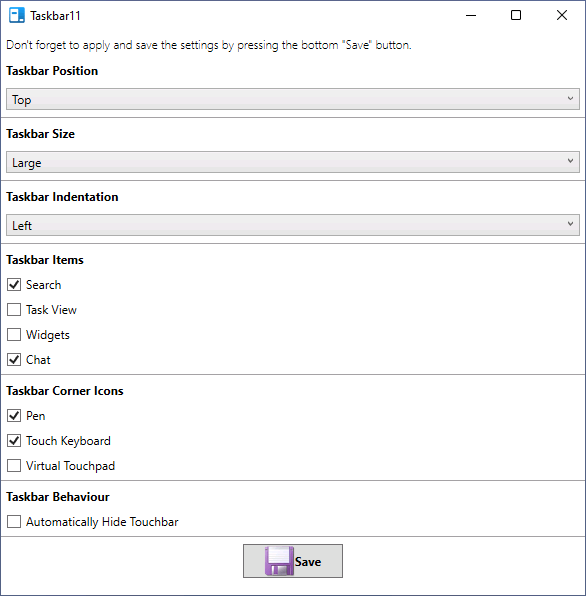 Доступные настройки в Taskbar11