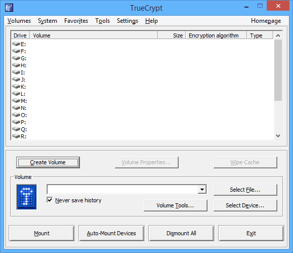 Главное окно TrueCrypt
