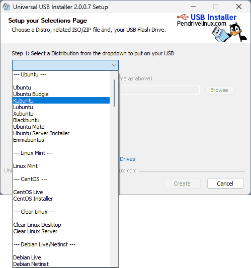 Выбор дистрибутива в Universal USB Installer