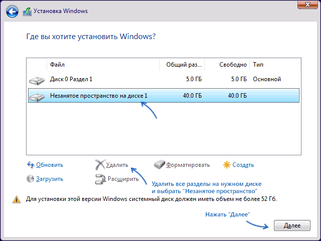 Незанятое пространство на диске для установки Windows