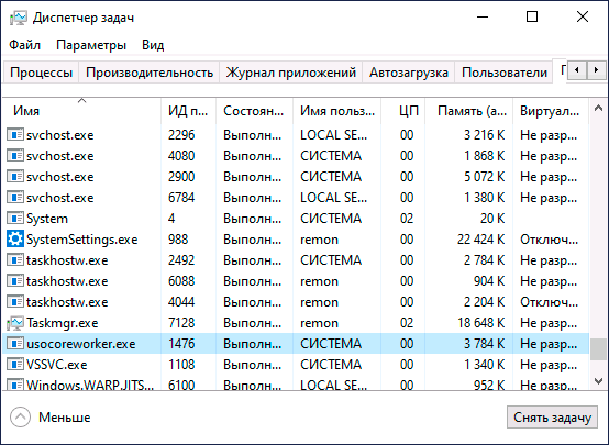 Usocoreworker.exe в диспетчере задач