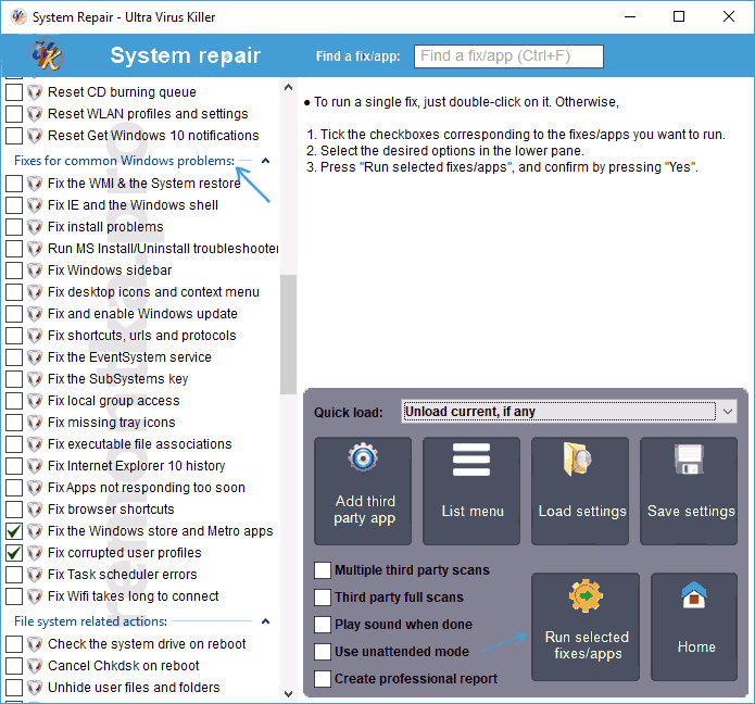 Исправления ошибок Windows в Ultra Virus Killer