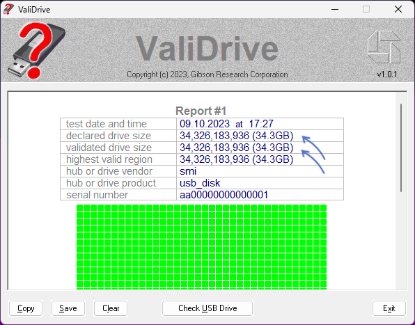 Результат проверки в ValiDrive