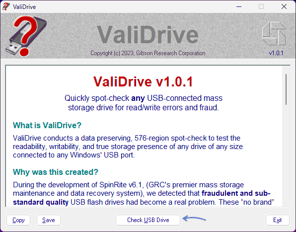 Начать проверку USB накопителя в ValiDrive