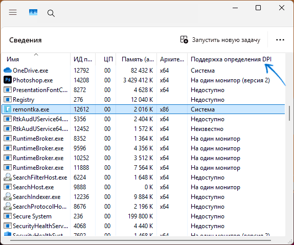 Просмотр поддержки определения DPI в диспетчере задач