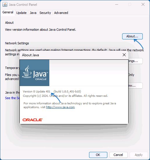 Версия Java в панели управления