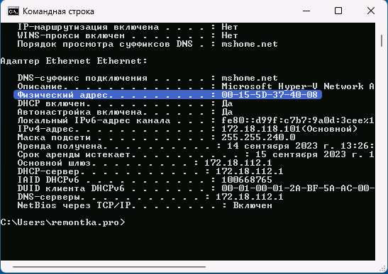 MAC адрес в командной строке