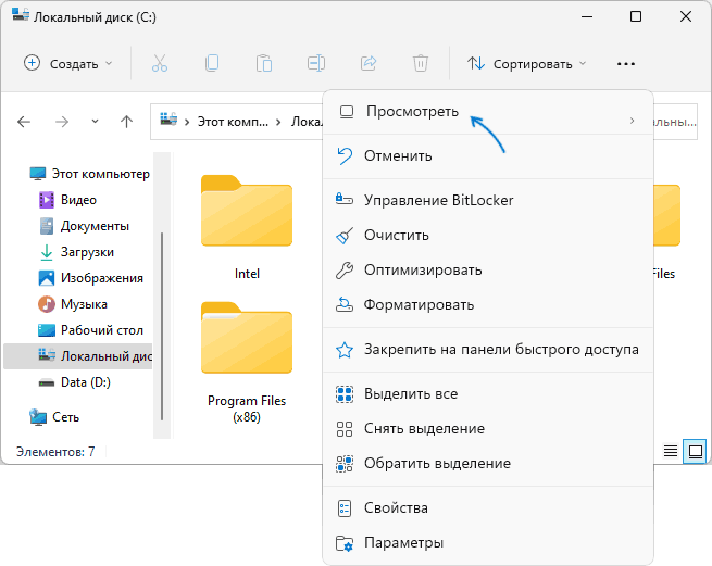 Параметры просмотра в проводнике Windows 11